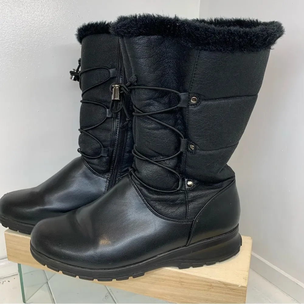 Khombu Bungee Women's Insulated Waterproof Black Leather Boots Size 9
